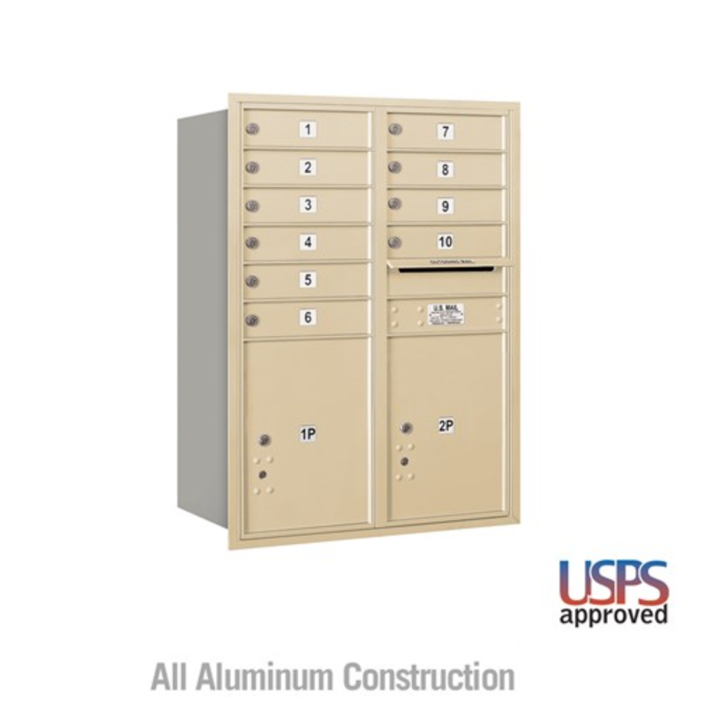 Salsbury 11 Door High Recessed Mounted 4C Horizontal Mailbox | 10 Doors and 2 Parcel Lockers with USPS Access - Rear Loading