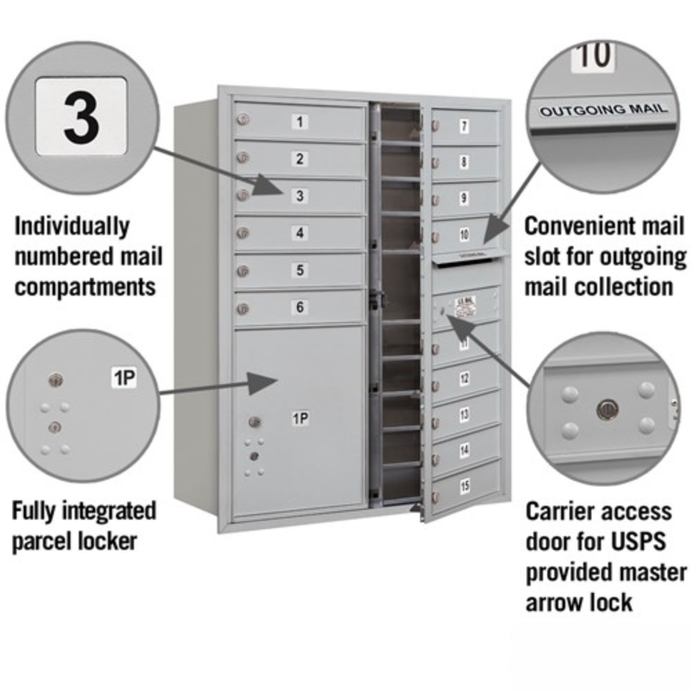 Salsbury 11 Door High Recessed Mounted 4C Horizontal Mailbox | 15 Doors and 1 Parcel Locker with USPS Access - Front Loading