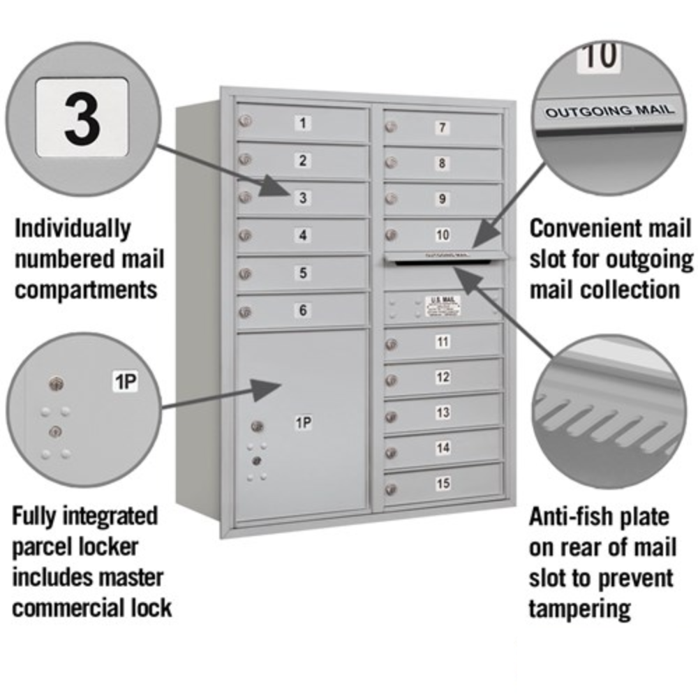 Salsbury 11 Door High Recessed Mounted 4C Horizontal Mailbox | 15 Doors and 1 Parcel Locker with USPS Access - Rear Loading