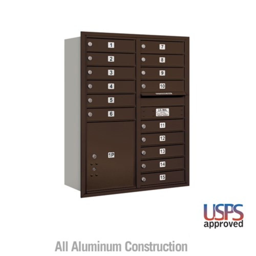 Salsbury 11 Door High Recessed Mounted 4C Horizontal Mailbox | 15 Doors and 1 Parcel Locker with USPS Access - Rear Loading