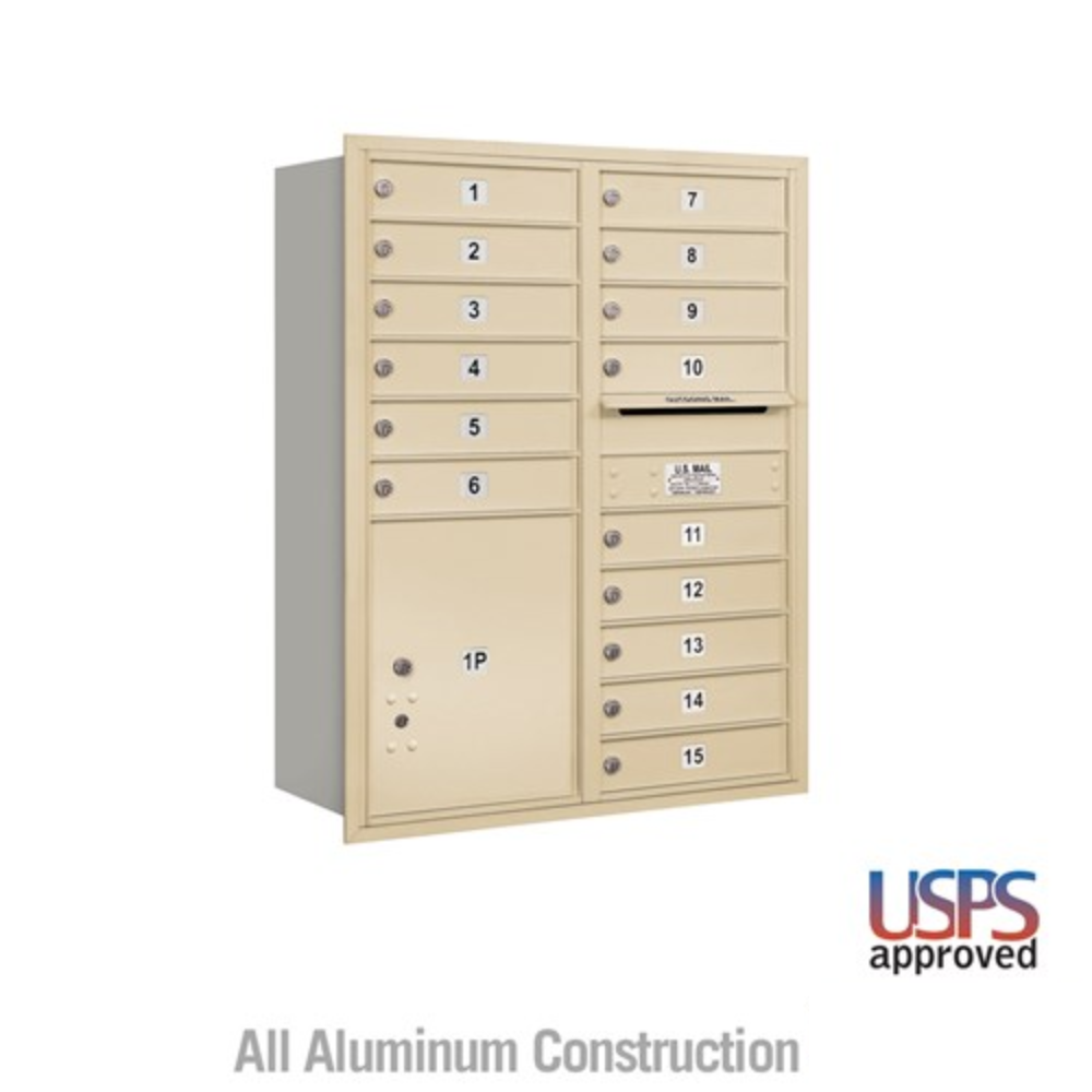 Salsbury 11 Door High Recessed Mounted 4C Horizontal Mailbox | 15 Doors and 1 Parcel Locker with USPS Access - Rear Loading
