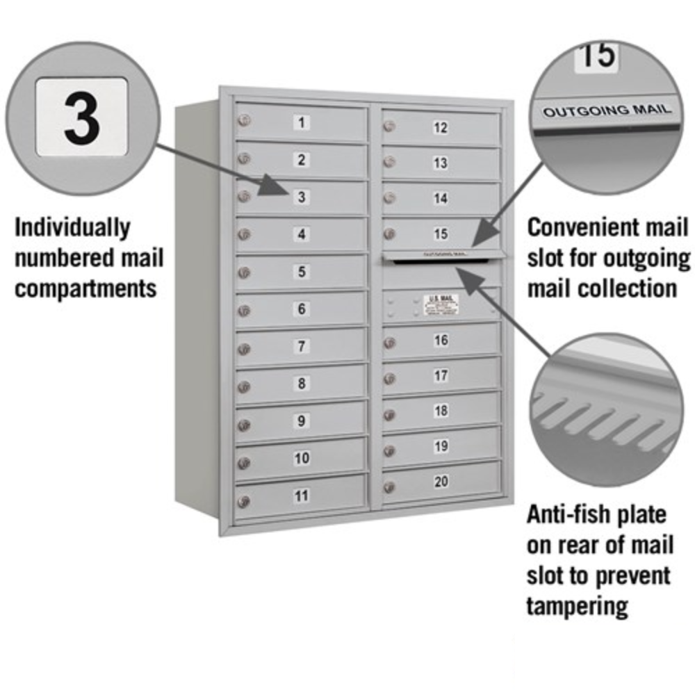 Salsbury 11 Door High Recessed Mounted 4C Horizontal Mailbox | 20 Doors with USPS Access - Rear Loading