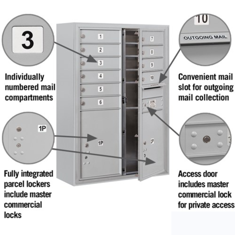 Salsbury 11 Door High Surface Mounted 4C Horizontal Mailbox | 10 Doors and 2 Parcel Lockers  with Private Access