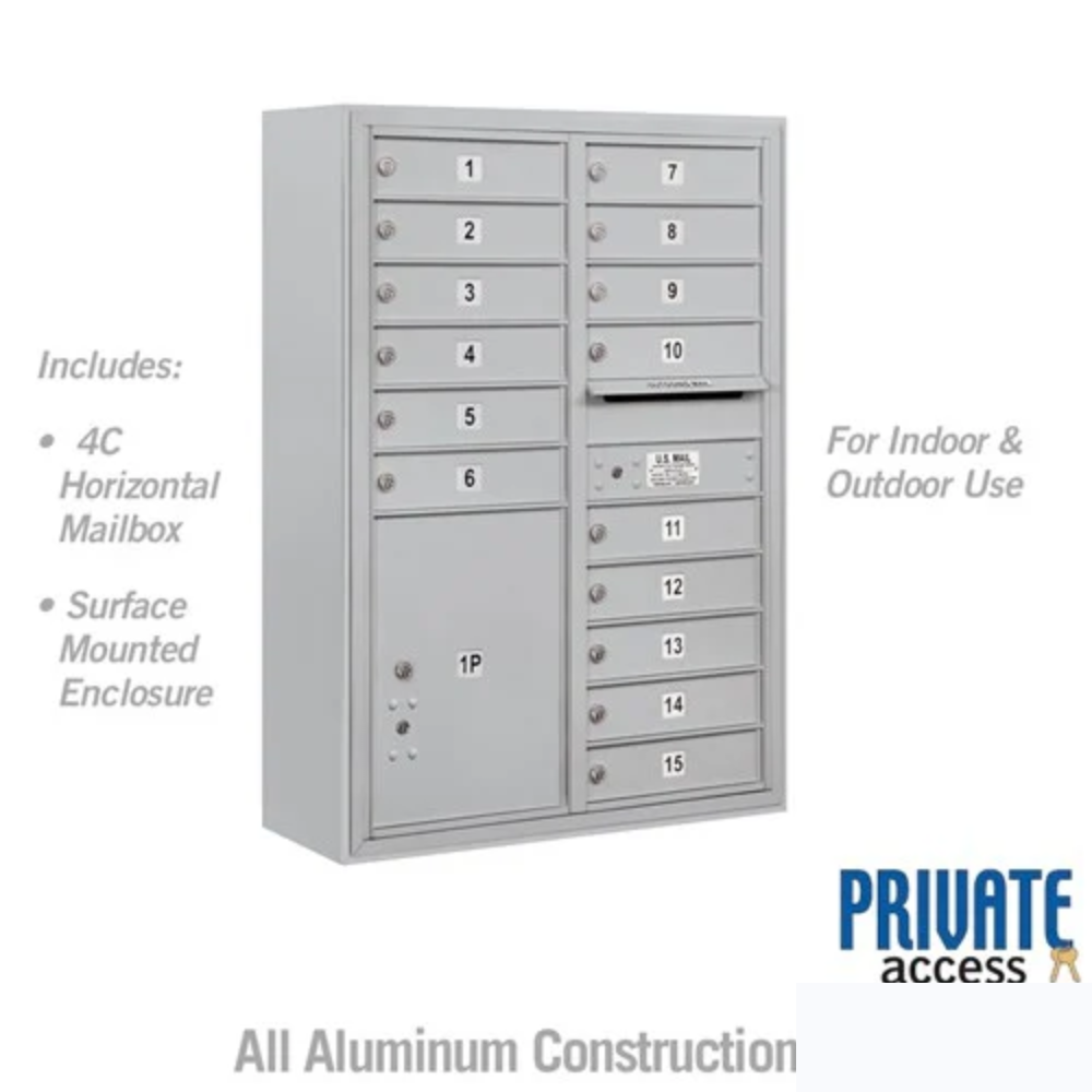 Salsbury 11 Door High Surface Mounted 4C Horizontal Mailbox | 15 Doors and 1 Parcel Locker with Private Access