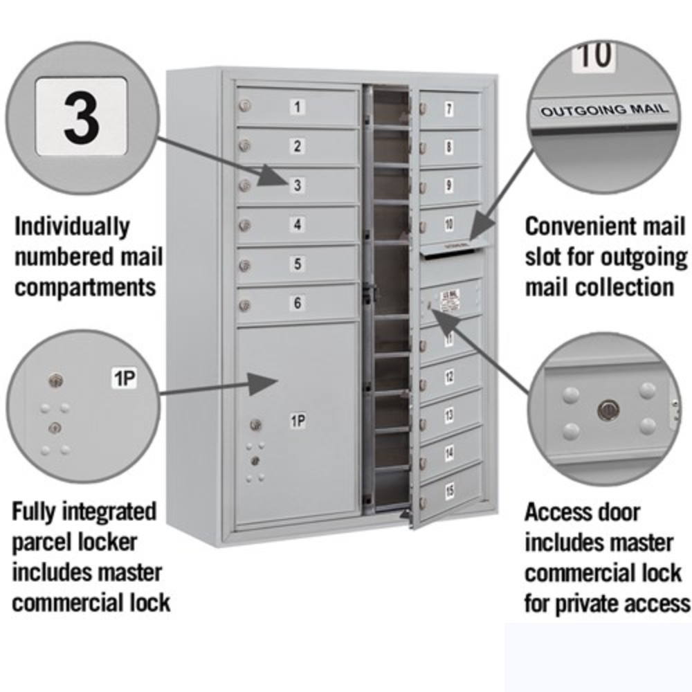 Salsbury 11 Door High Surface Mounted 4C Horizontal Mailbox | 15 Doors and 1 Parcel Locker with Private Access