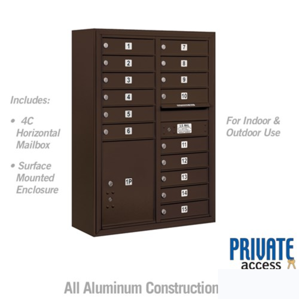 Salsbury 11 Door High Surface Mounted 4C Horizontal Mailbox | 15 Doors and 1 Parcel Locker with Private Access