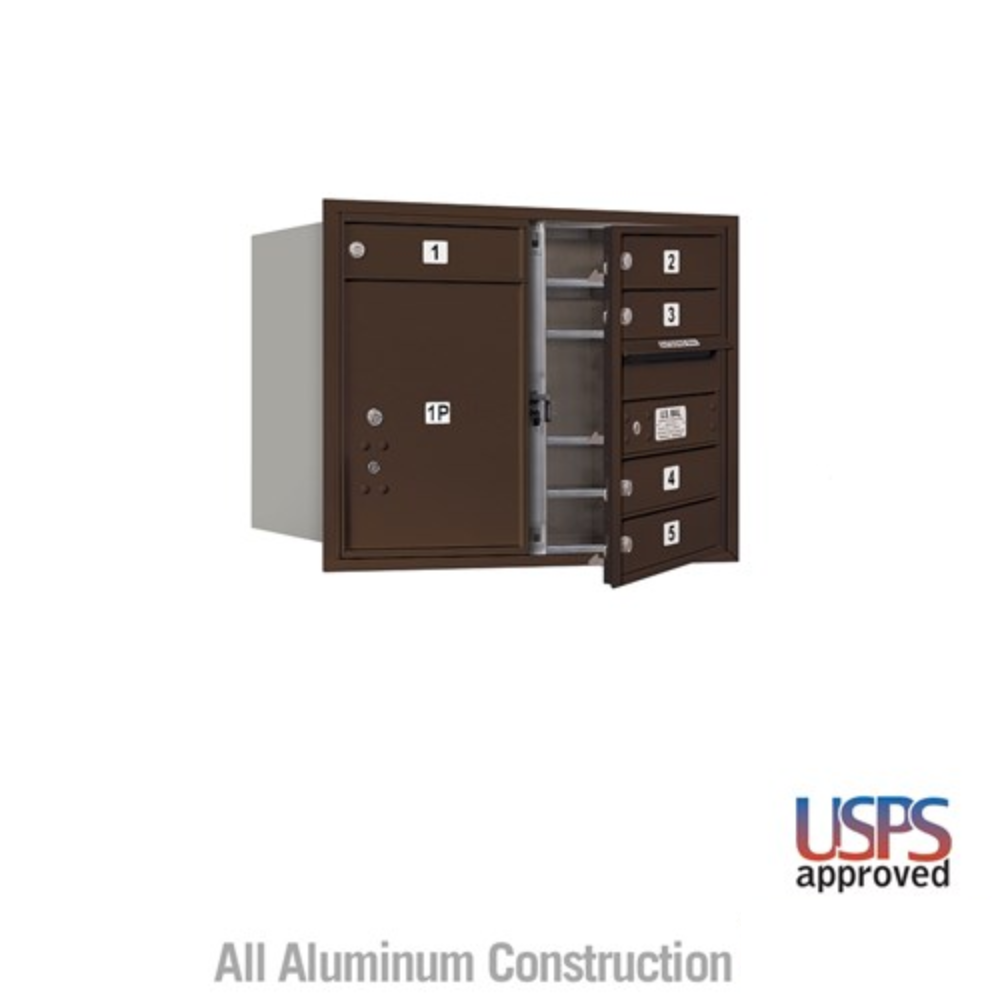 Salsbury 6 Door High Recessed Mounted 4C Horizontal Mailbox | 5 Doors and 1 Parcel Locker with USPS Access - Front Loading