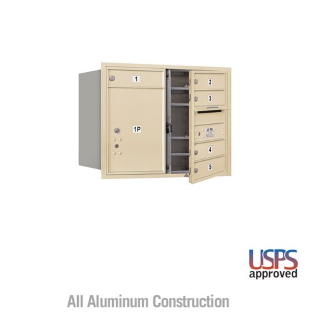 Salsbury 6 Door High Recessed Mounted 4C Horizontal Mailbox | 5 Doors and 1 Parcel Locker with USPS Access - Front Loading