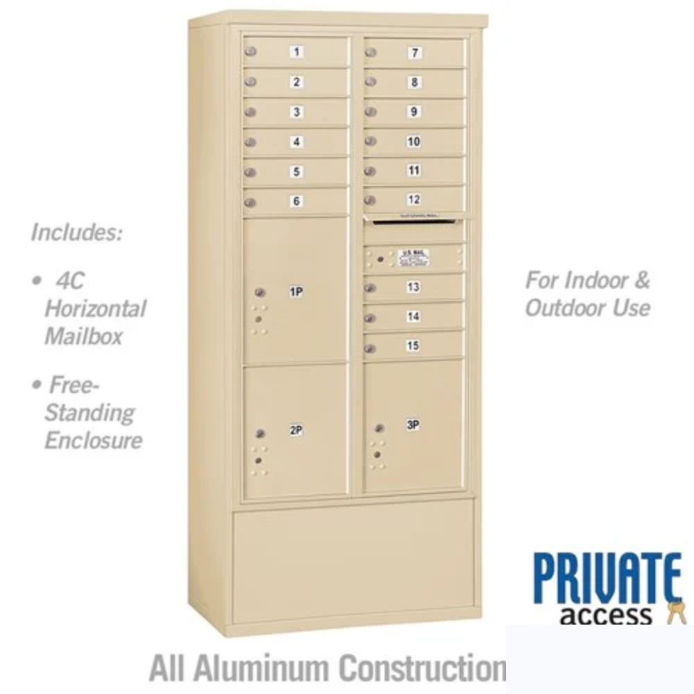 Salsbury Maximum Height Free-Standing 4C Horizontal Mailbox | 15 Doors and 3 Parcel Lockers with Private Access