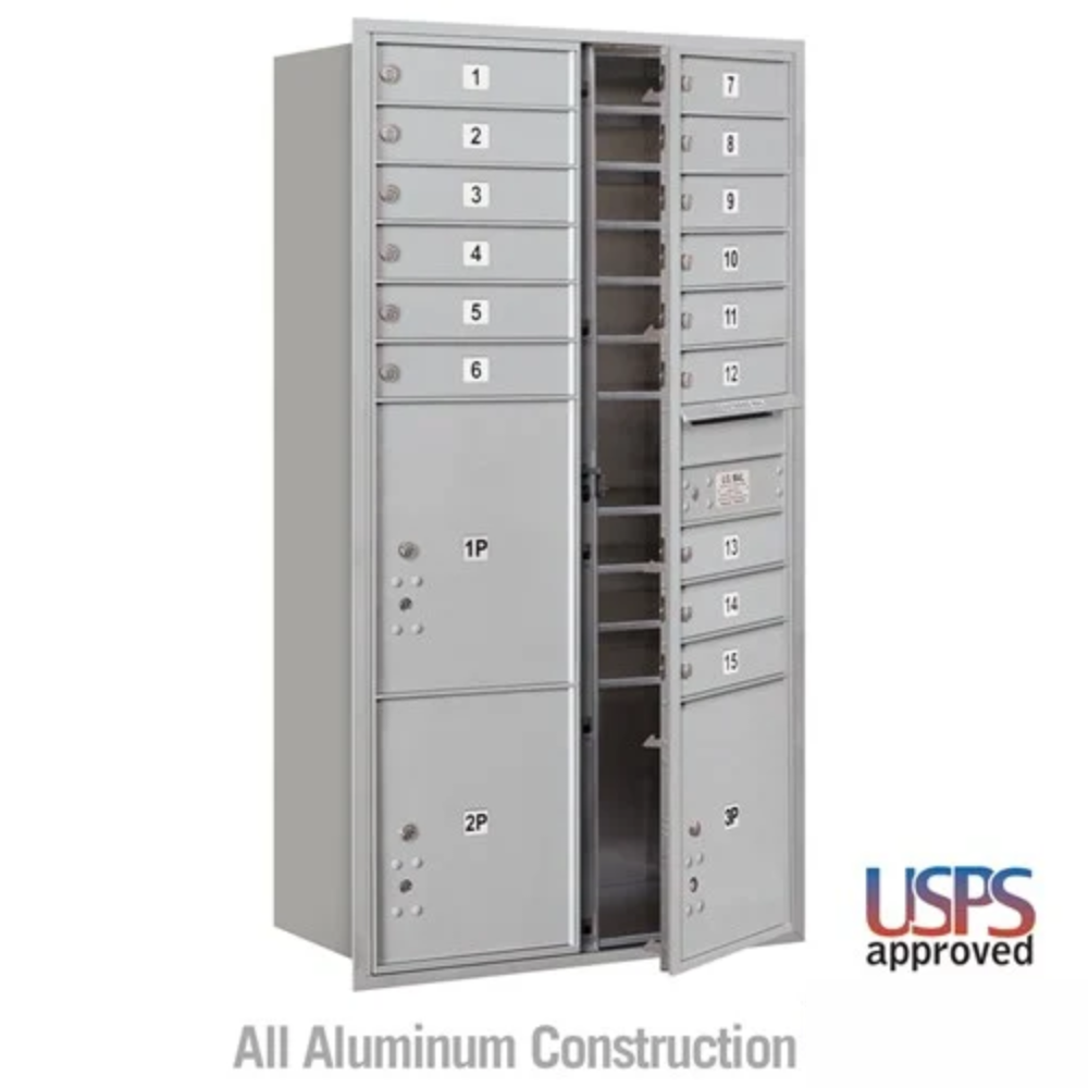 Salsbury Maximum Height Recessed Mounted 4C Horizontal Mailbox | 15 Doors and 3 Parcel Lockers with USPS Access - Front Loading