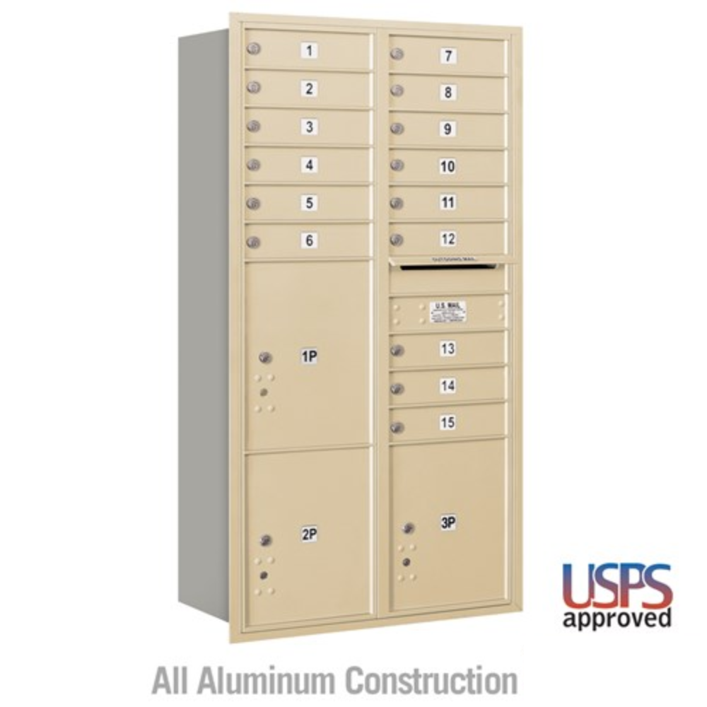 Salsbury Maximum Height Recessed Mounted 4C Horizontal Mailbox | 15 Doors and 3 Parcel Lockers with USPS Access - Rear Loading