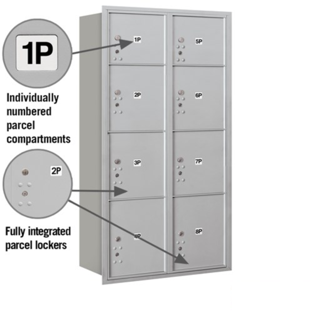 Salsbury Maximum Height Recessed Mounted 4C Horizontal Parcel Locker with 8 Parcel Lockers with USPS Access - Rear Loading