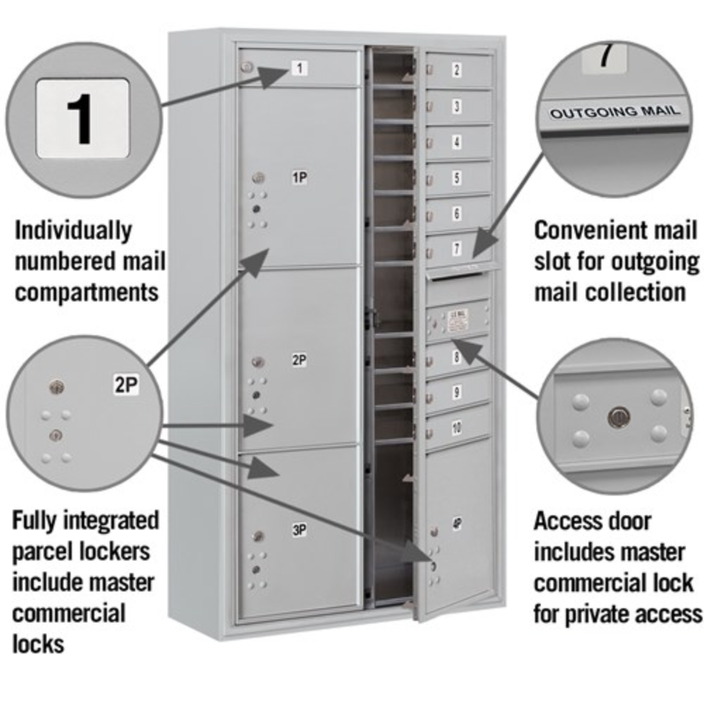 Salsbury Maximum Height Surface Mounted 4C Horizontal Mailbox | 10 Doors and 4 Parcel Lockers with Private Access