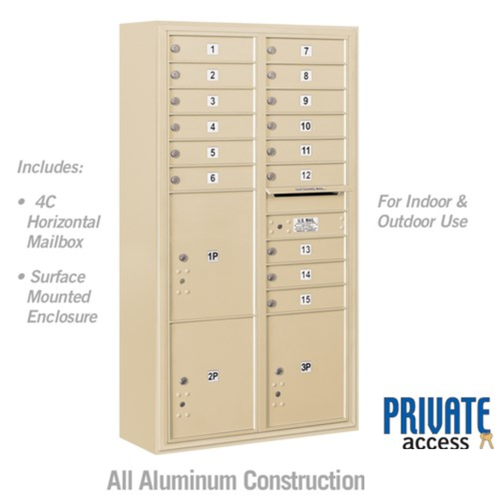 Salsbury Maximum Height Surface Mounted 4C Horizontal Mailbox | 15 Doors and 3 Parcel Lockers  with Private Access