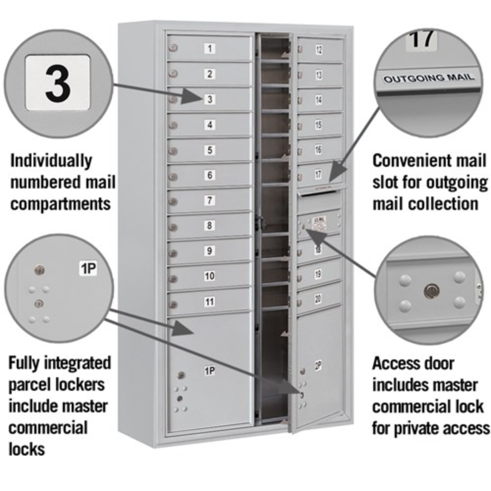 Salsbury Maximum Height Surface Mounted 4C Horizontal Mailbox | 20 Doors and 2 Parcel Lockers with Private Access