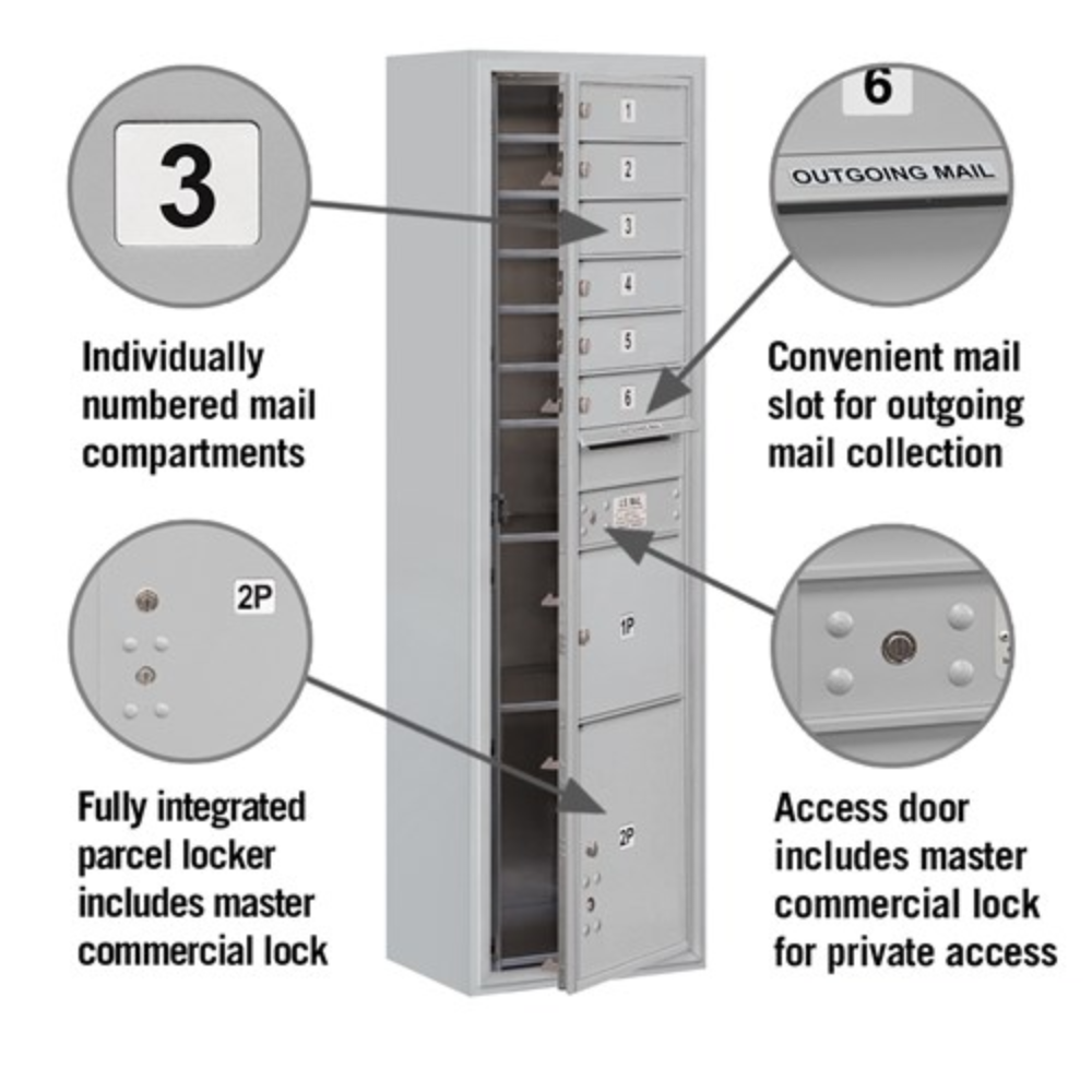 Salsbury Maximum Height Surface Mounted 4C Horizontal Mailbox | 6 Doors and 2 Parcel Lockers with Private Access