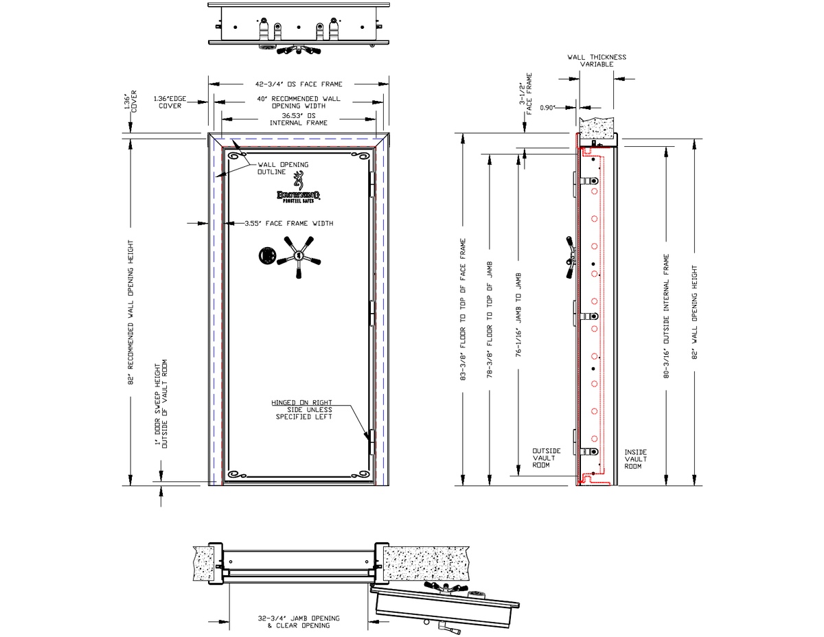 Browning 1878 clamshell out-swing vault door frame, wall opening and clearance dimensions