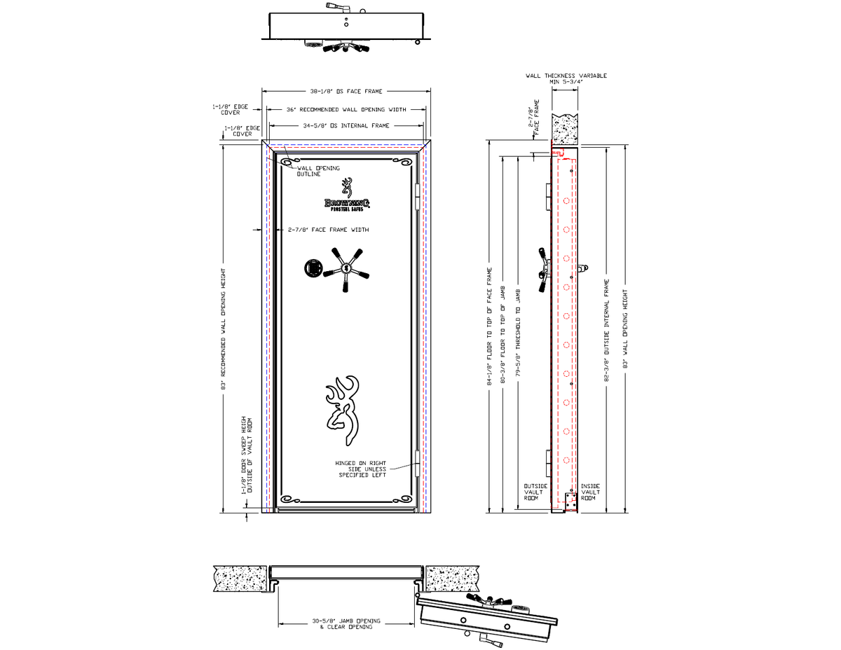 Browning Standard out-swing vault door frame, wall opening and clearance dimensions